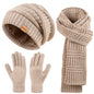 Winter women's scarf, hat and gloves set, three-piece