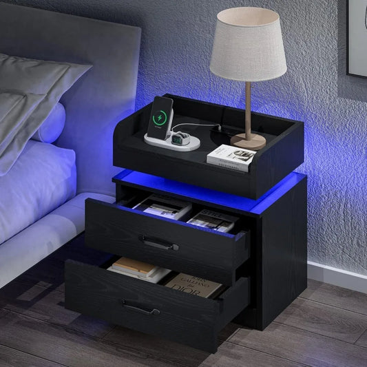 Black Nightstand with Charging Station