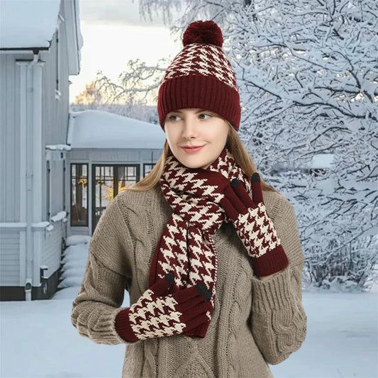 Women Winter Cable Knit Hat , Scarf and Gloves Set