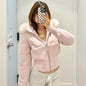 Pink Fur Collar Hooded Short Cotton Coat
