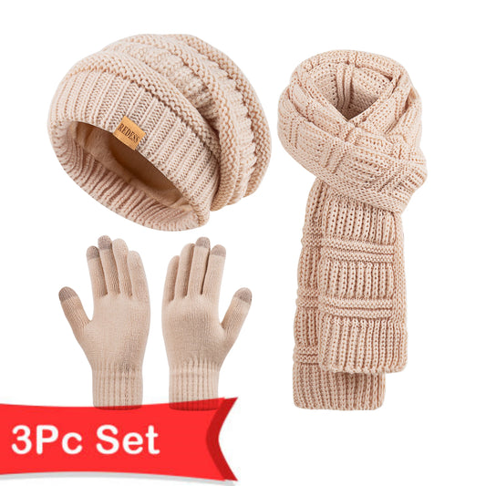 Winter women's scarf, hat and gloves set, three-piece