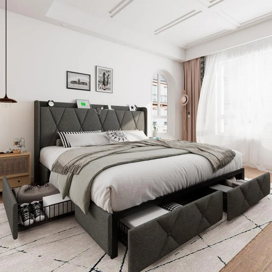 King Size Bed Frame with 4 Storage Drawers