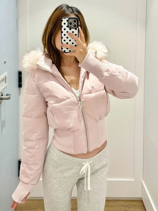 Pink Fur Collar Hooded Short Cotton Coat